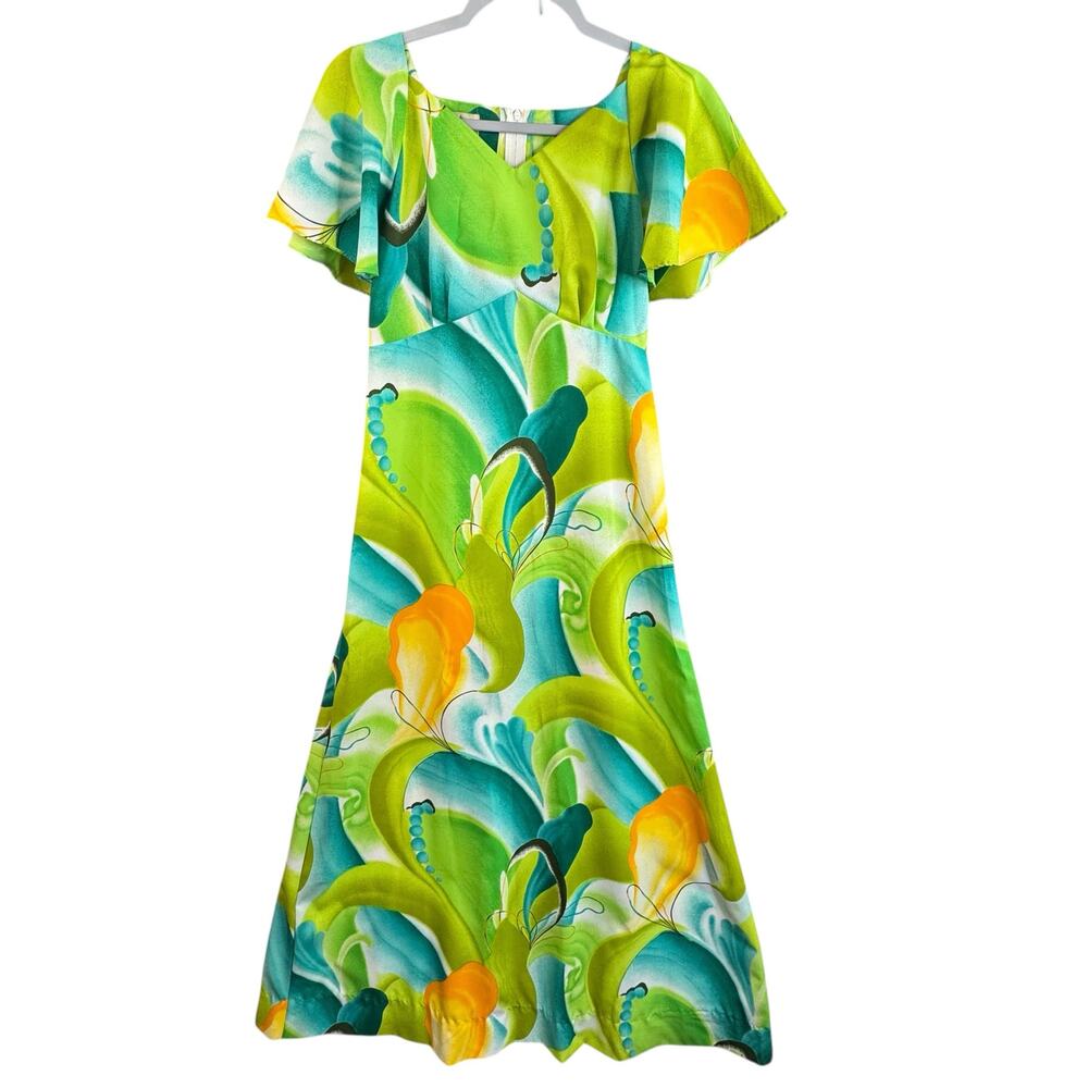 Vintage Hawaii Dress Size 8 Mod Abstract Green A-Line Honolulu 60s 70s